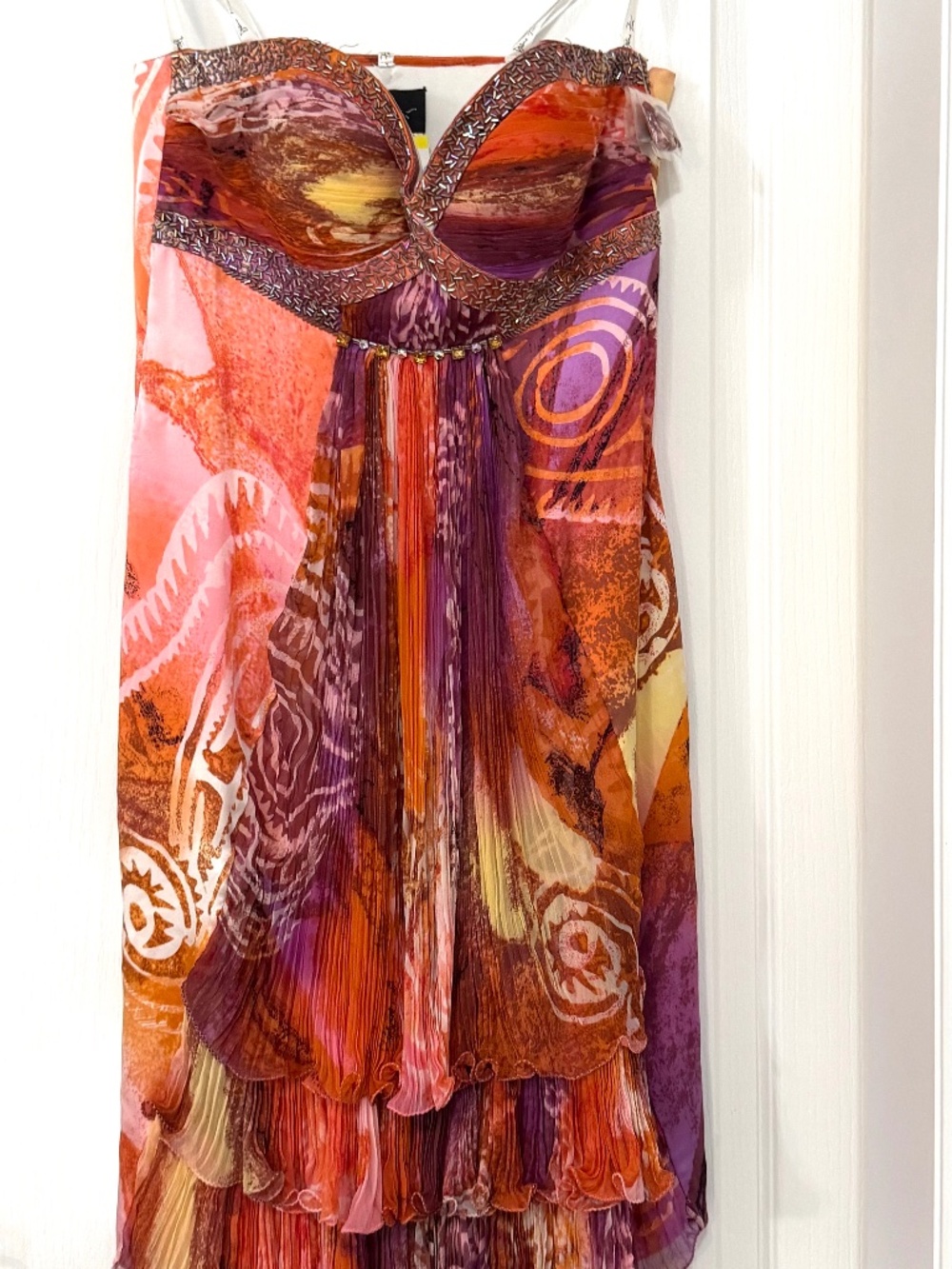 Vintage Y2K Diane Freis Original Silk Hand-Beaded Pleated Midi Dress Size 6